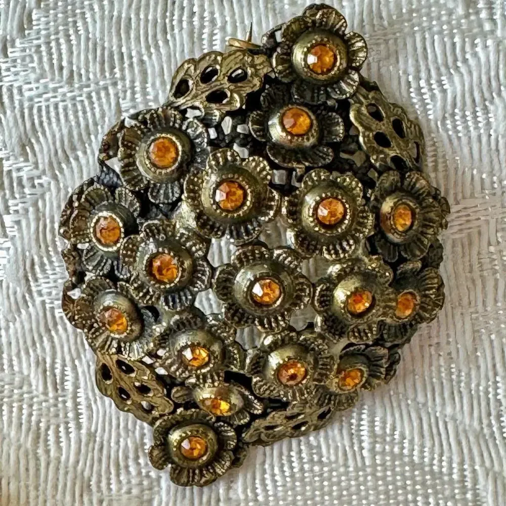 Large 2” 1930s Art Nouveau Vintage Filigree Broach Amber Czech Glass Antique Pin